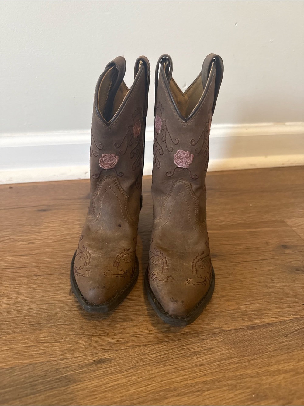 Toddler Girls Brown Leather Western Boots with Pink Rose Embroidery